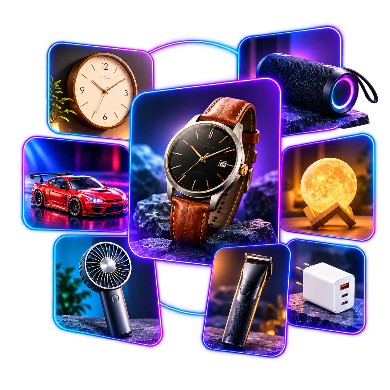 Collage showcasing watches, clocks, toys, speakers, LED lights, blowers and gadgets
